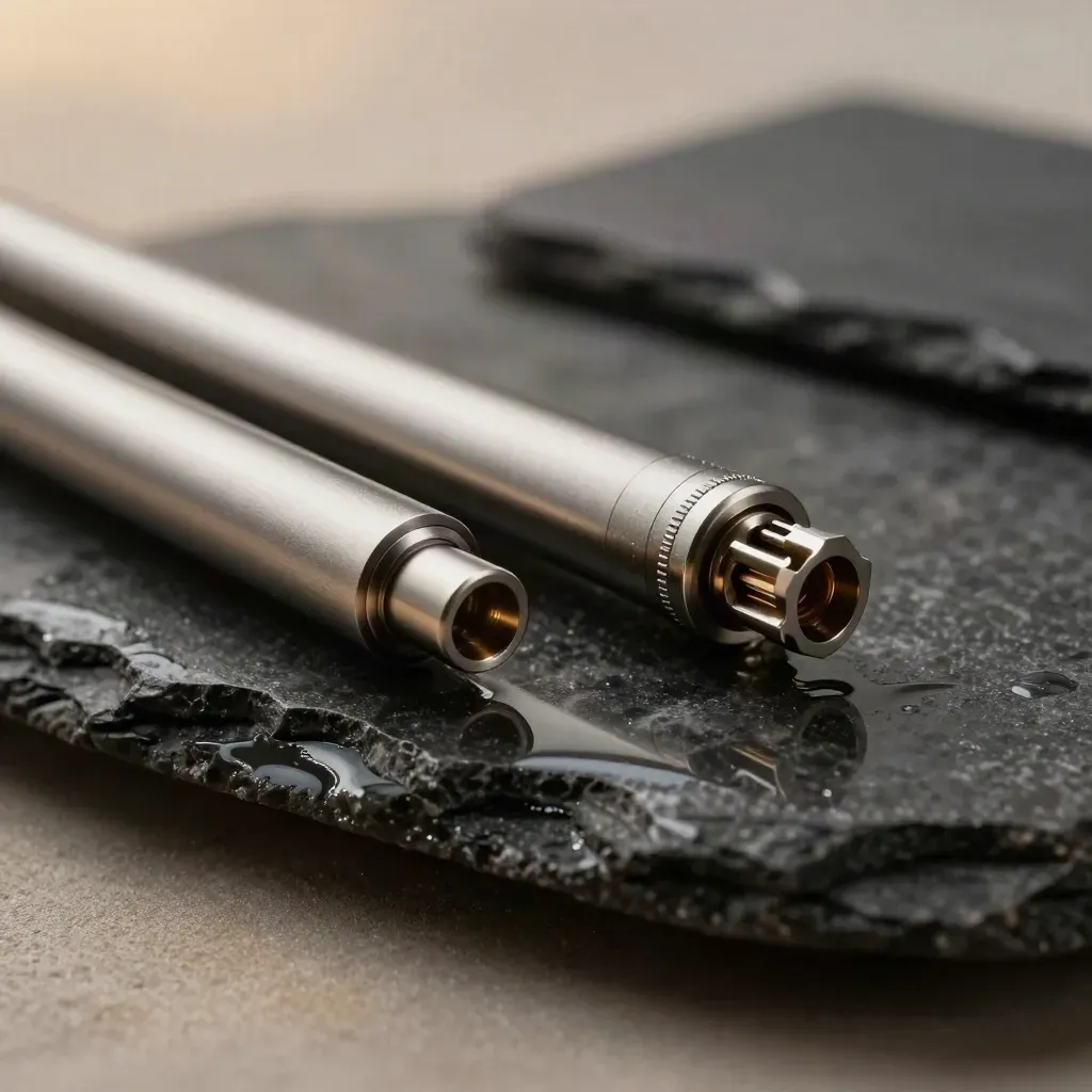 Coppia di moduli satinati su pietra bagnata, luce radente e riflessi metallici.