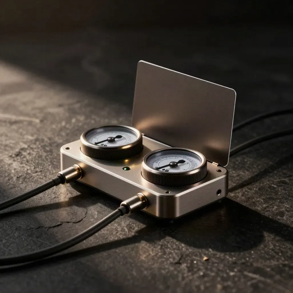 Modulo di check-up luce e gas con capsule-metri e cavi ordinati su fondo scuro.