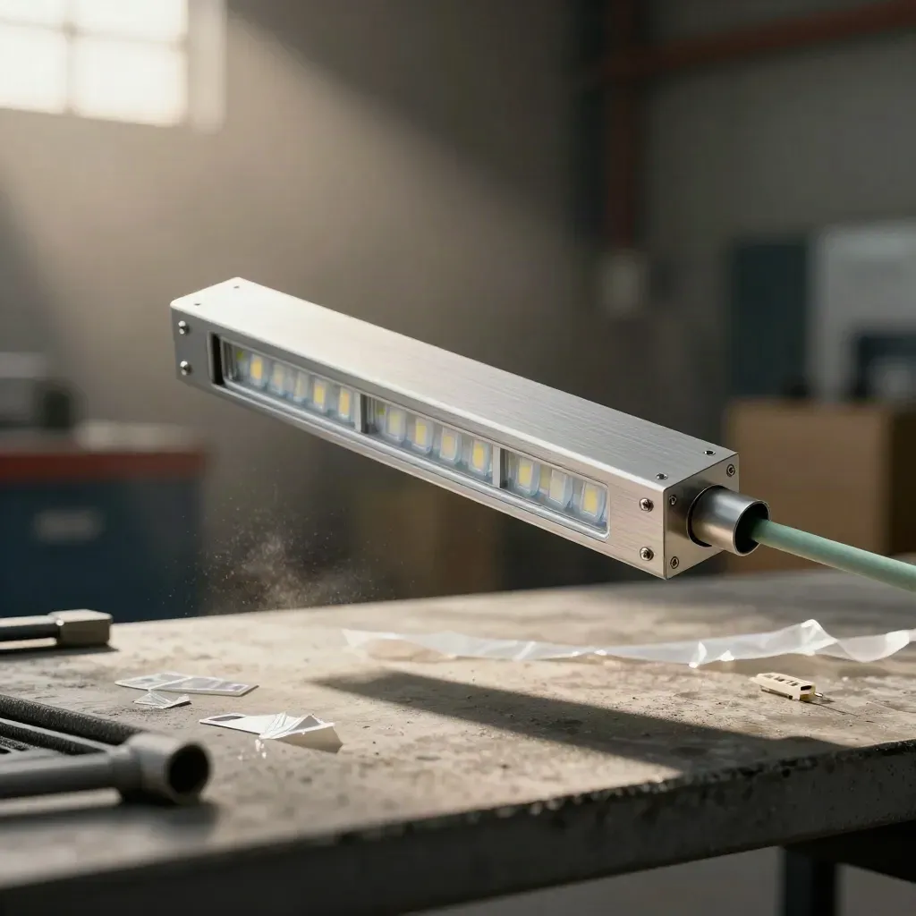 Binario LED industriale sospeso tra pezzi tecnici, con luce morbida e atmosfera polverosa.