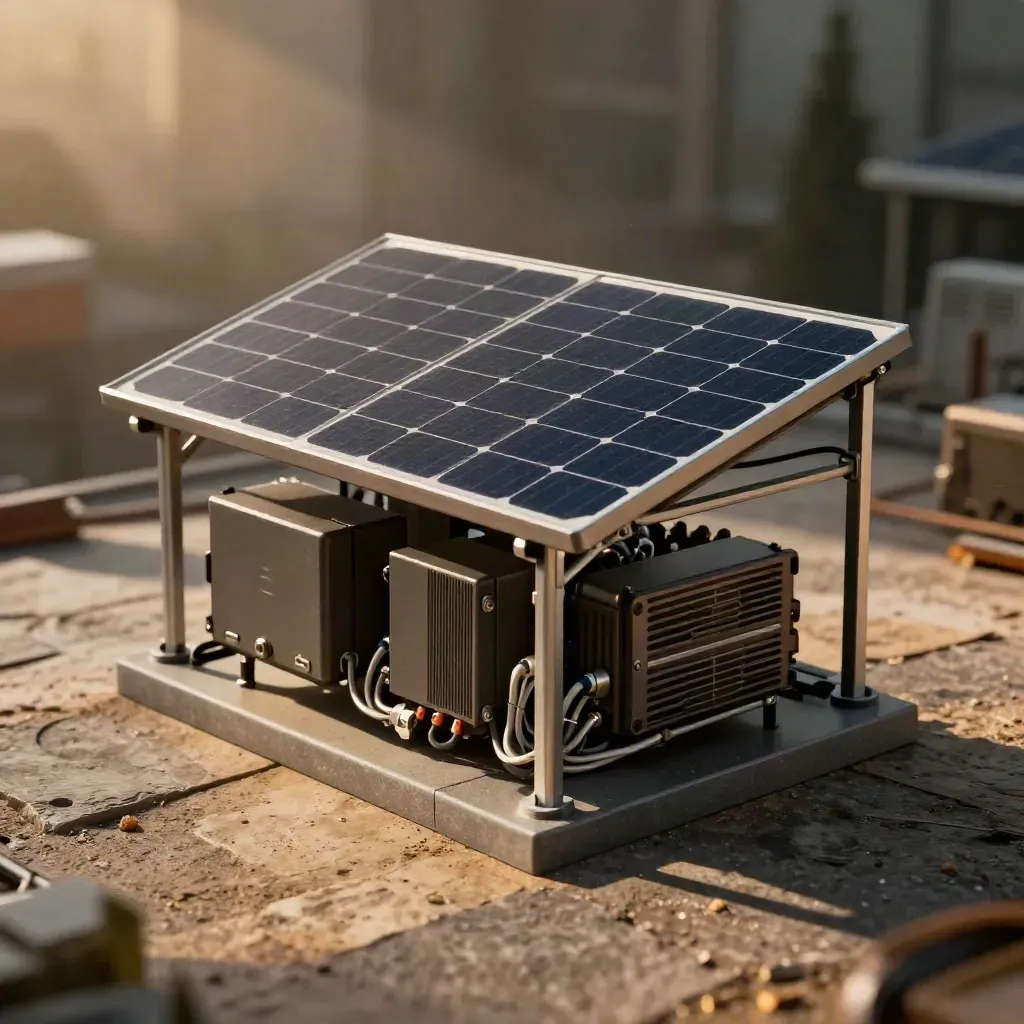 Mini impianto fotovoltaico su lastra di pietra, con modulo, inverter e struttura di montaggio.