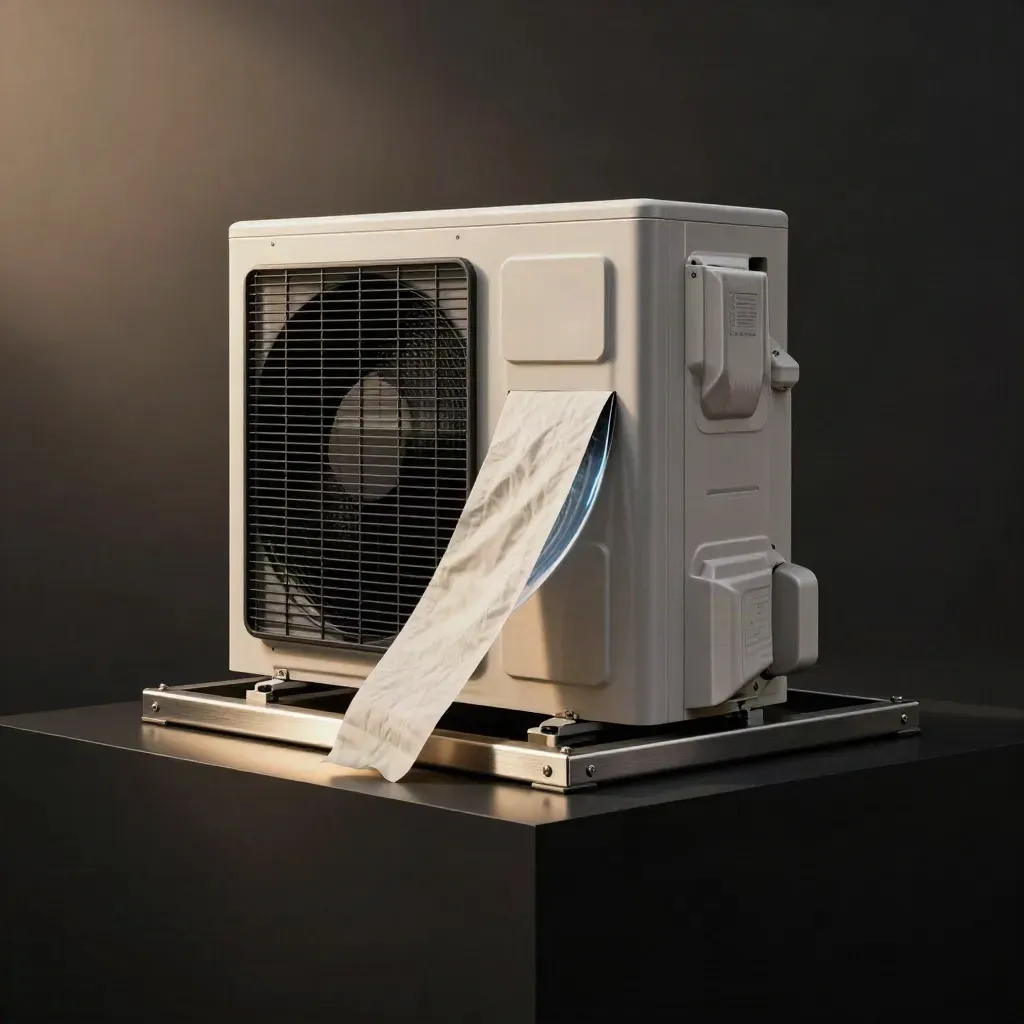 Unità HVAC compatta illuminata di taglio, con aria fredda visibile e riflesso su base nera.