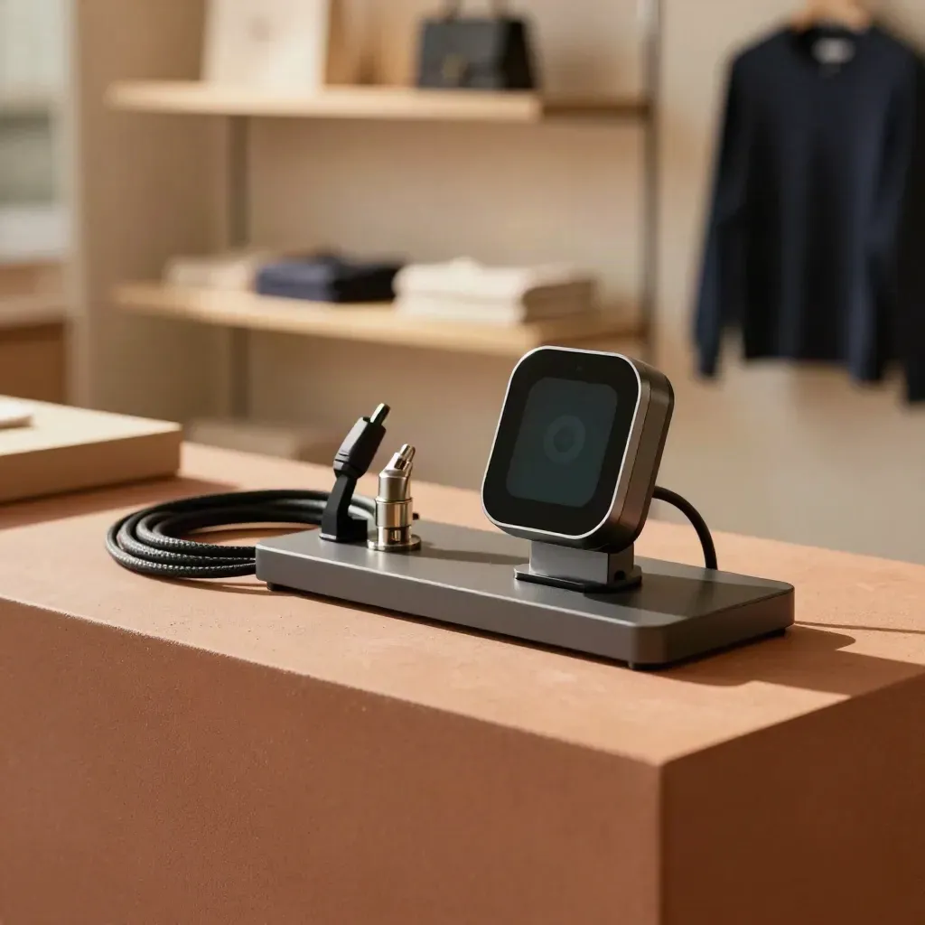 Modulo smart per consumi retail con sensori e cavo arrotolato su base terracotta, luce morbida.