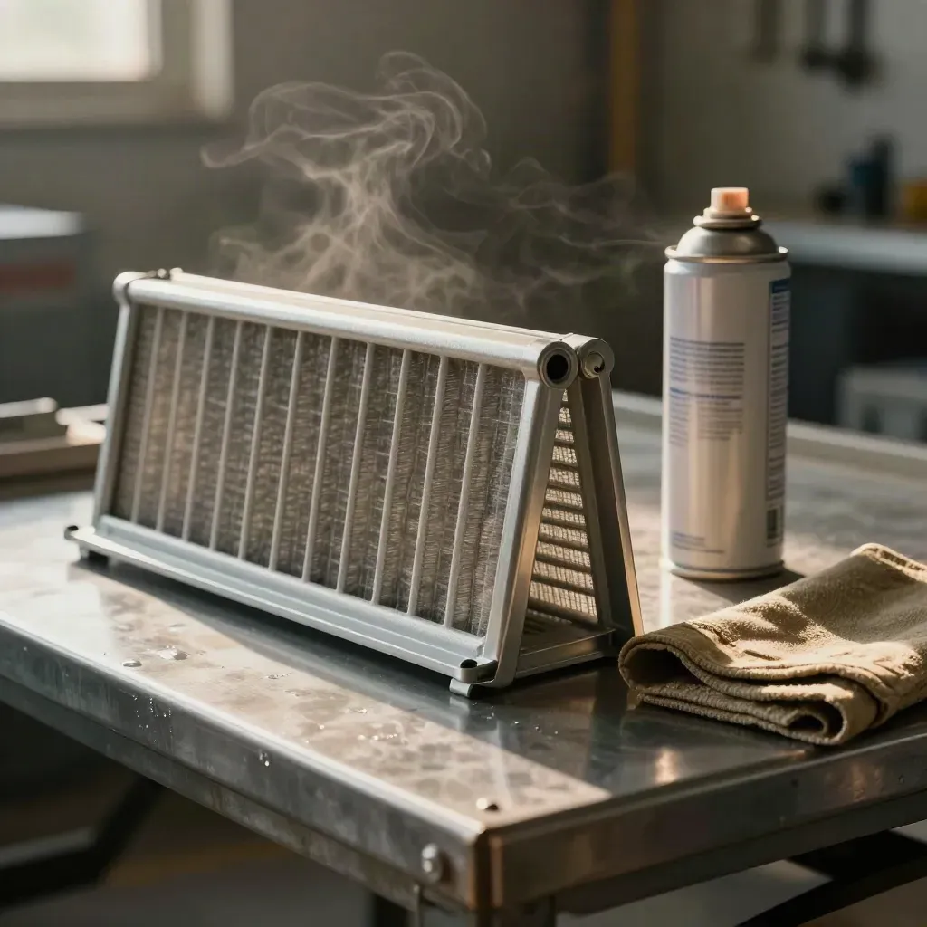 Filtro HVAC, griglia di ventilazione e spray tecnico su banco metallico, con lieve condensa e vapore.