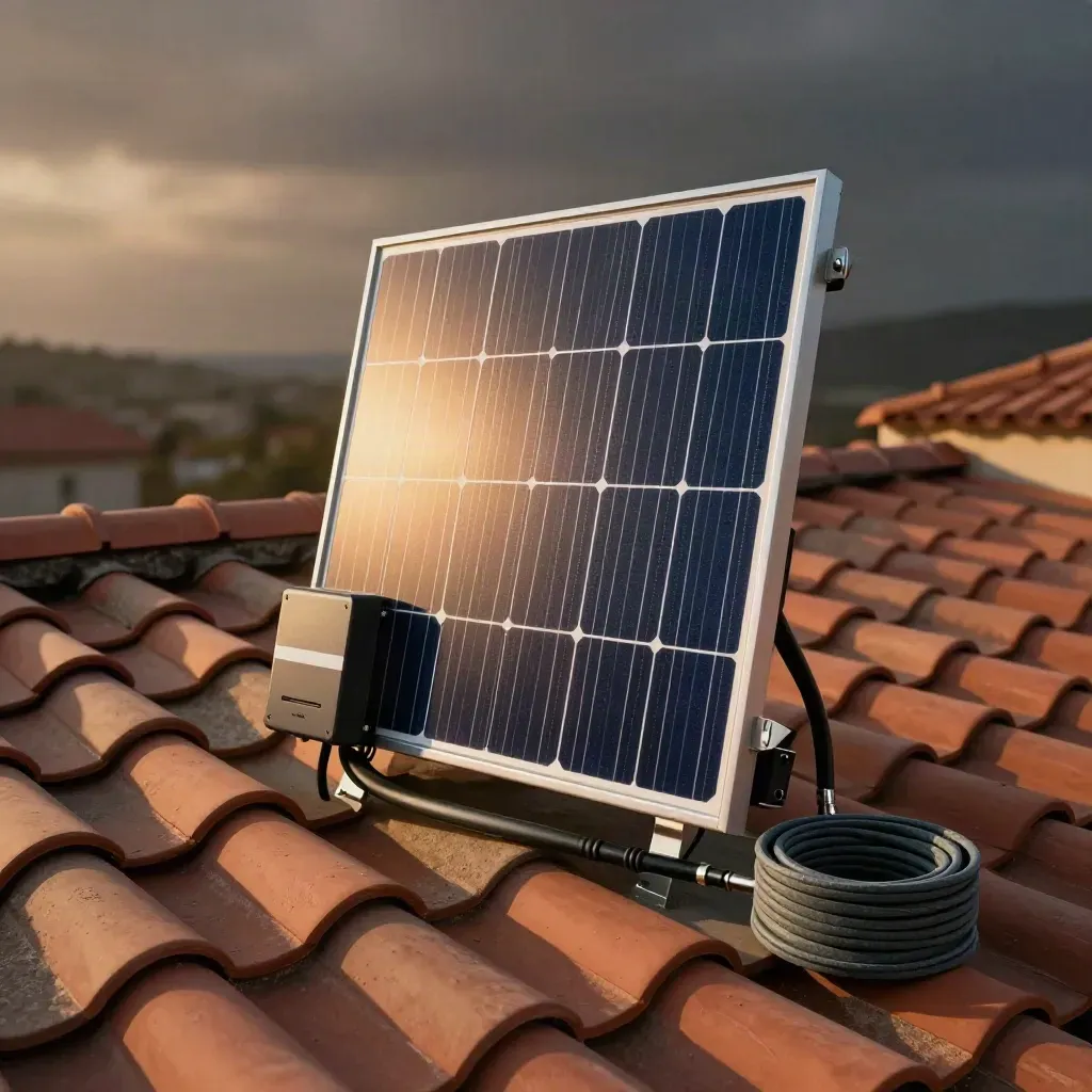 Impianto fotovoltaico compatto su tetto in cotto, con inverter e staffe in composizione hero.