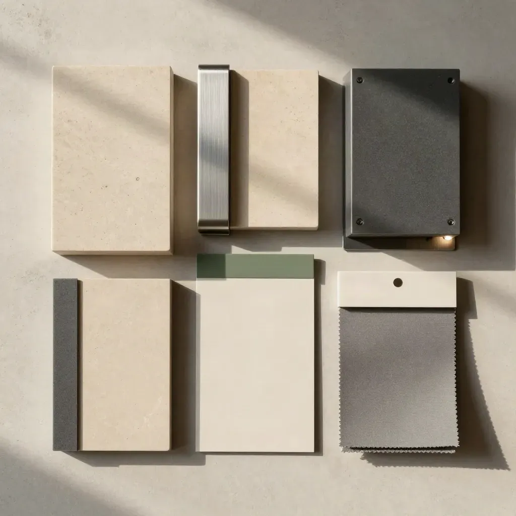 Flatlay di campioni e moduli per l’efficienza energetica condominiale su lastra in cemento.