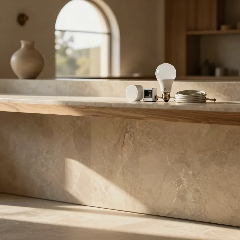 Interno mediterraneo con piano in marmo, finestra alta e piccoli oggetti energia sfocati in alto.