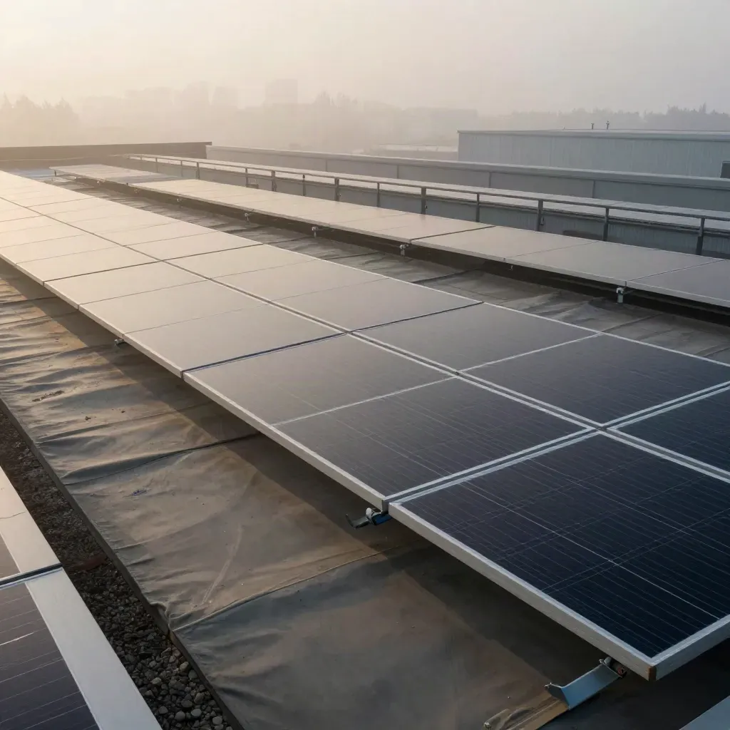 Copertura industriale con pannelli fotovoltaici al mattino, tra foschia e luce radente.
