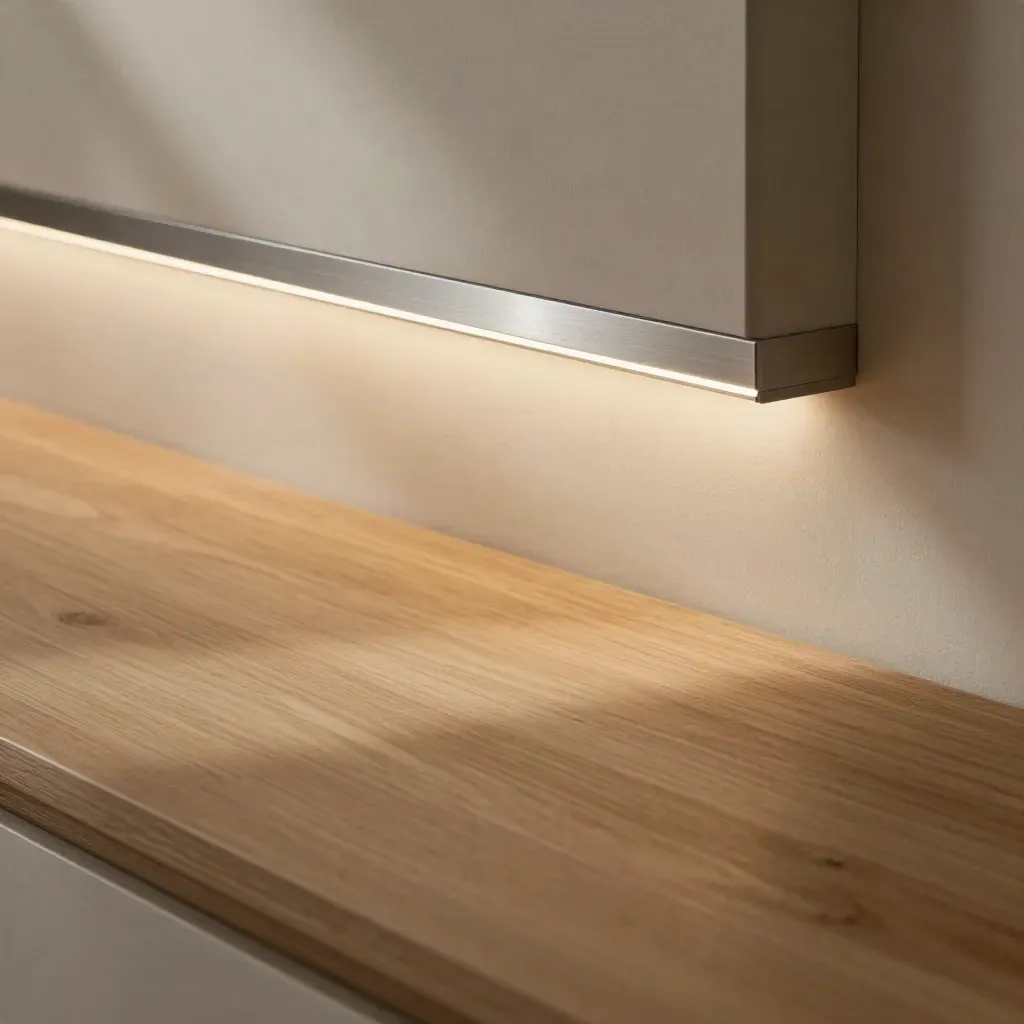 Angolo moderno in legno caldo e calce chiara con nicchia LED luminosa