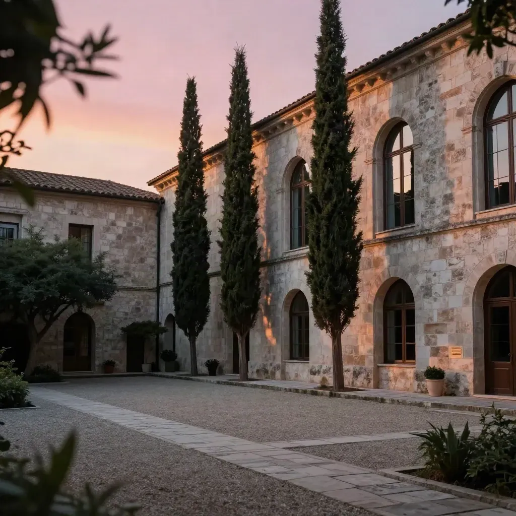 Cortile residenziale in pietra al tramonto, alberi alti e cielo rosato.